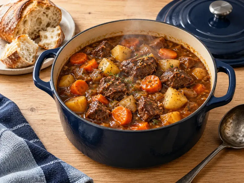Beef stew in a Dutch oven