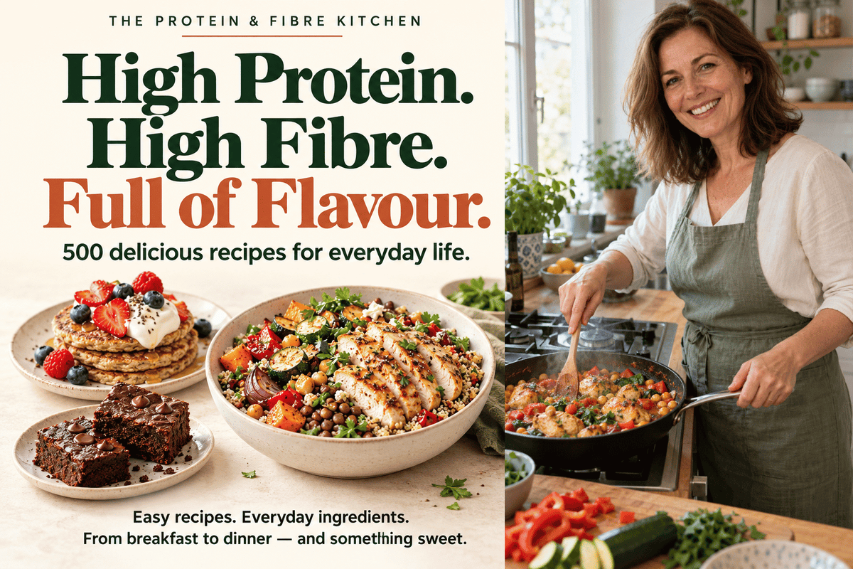 500 High Protein and Fiber Recipes ebook on tablet and phone with 4 bonus covers