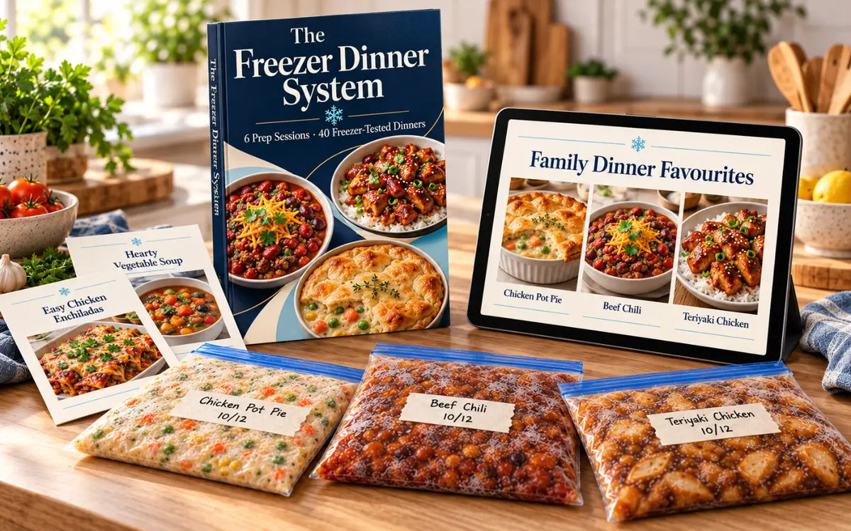 The Freezer Dinner System ebook and tablet next to labeled freezer bags