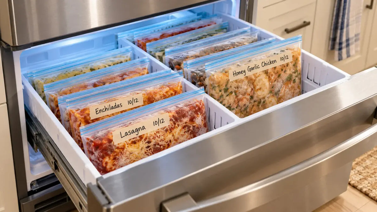 Freezer drawer with flat-frozen labeled meal bags stored upright