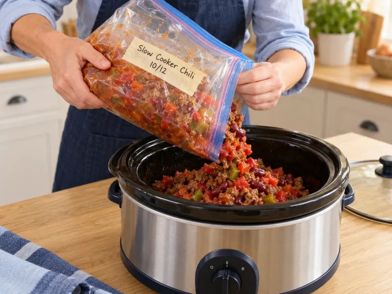 Freezer bag emptied into a slow cooker