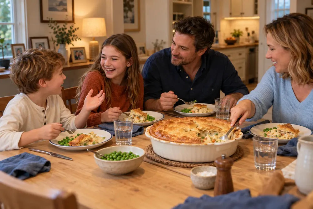 Family laughing at the dinner table over chicken pot pie