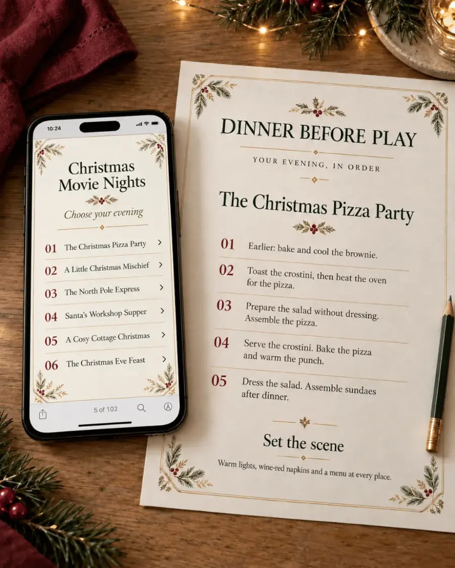 Phone showing the clickable contents page beside the printed cooking order for The Christmas Pizza Party
