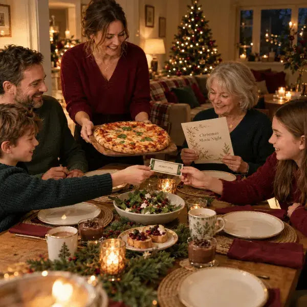 Family sharing a Christmas pizza dinner at home